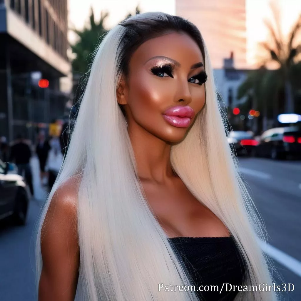 This bimbo's got it all: long platinum hair, tanned skin, and a sculpted face.