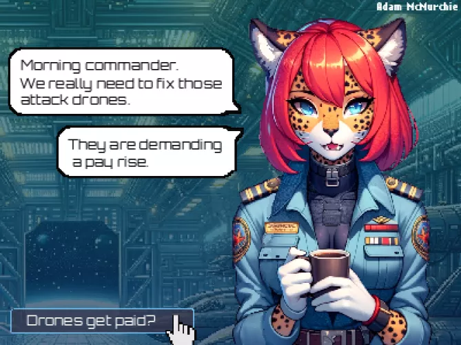 Drones get paid? Scene from my game Drone commander where you are abducted by alien Felinoids on a mission to save the galaxy.