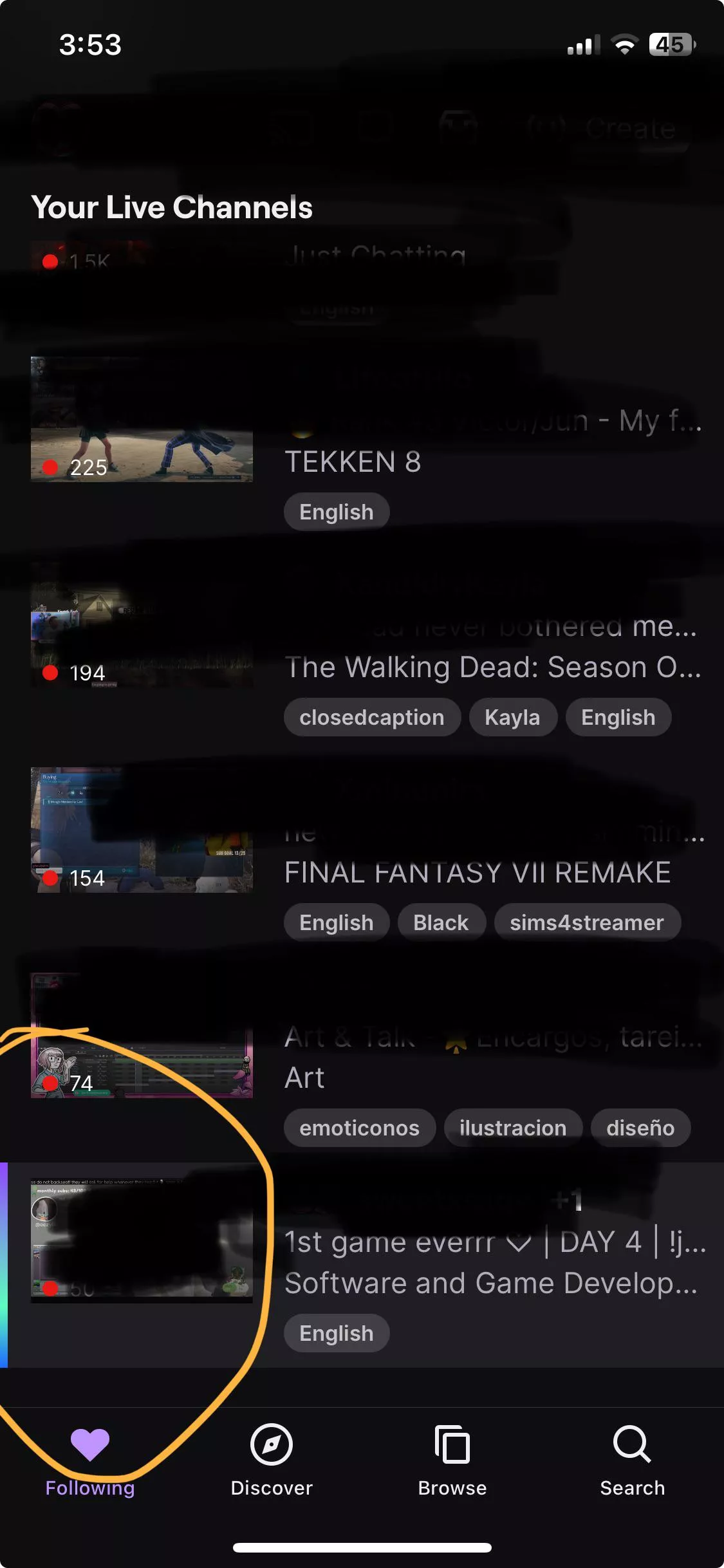 Glowing tab in my following list