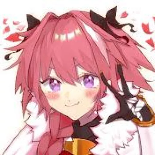 LF Color Source: Astolfo (Fate Grand Order), face, close-up, hair intakes, hair over shoulder, hair bow, black bow, looking at viewer, w (use of 3 fingers), peace sign, smile, fang, blushing, purple eyes, braid, pink hair, heart shaped flower petals