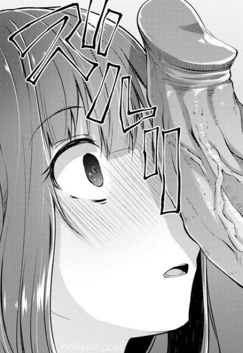 LF mono source: 1girl, 1boy, penis on face, veiny penis, erection, penis awe, looking at penis, wide-eyed, parted lips, open mouth, medium bangs, blush, out of frame, foreign sfx
