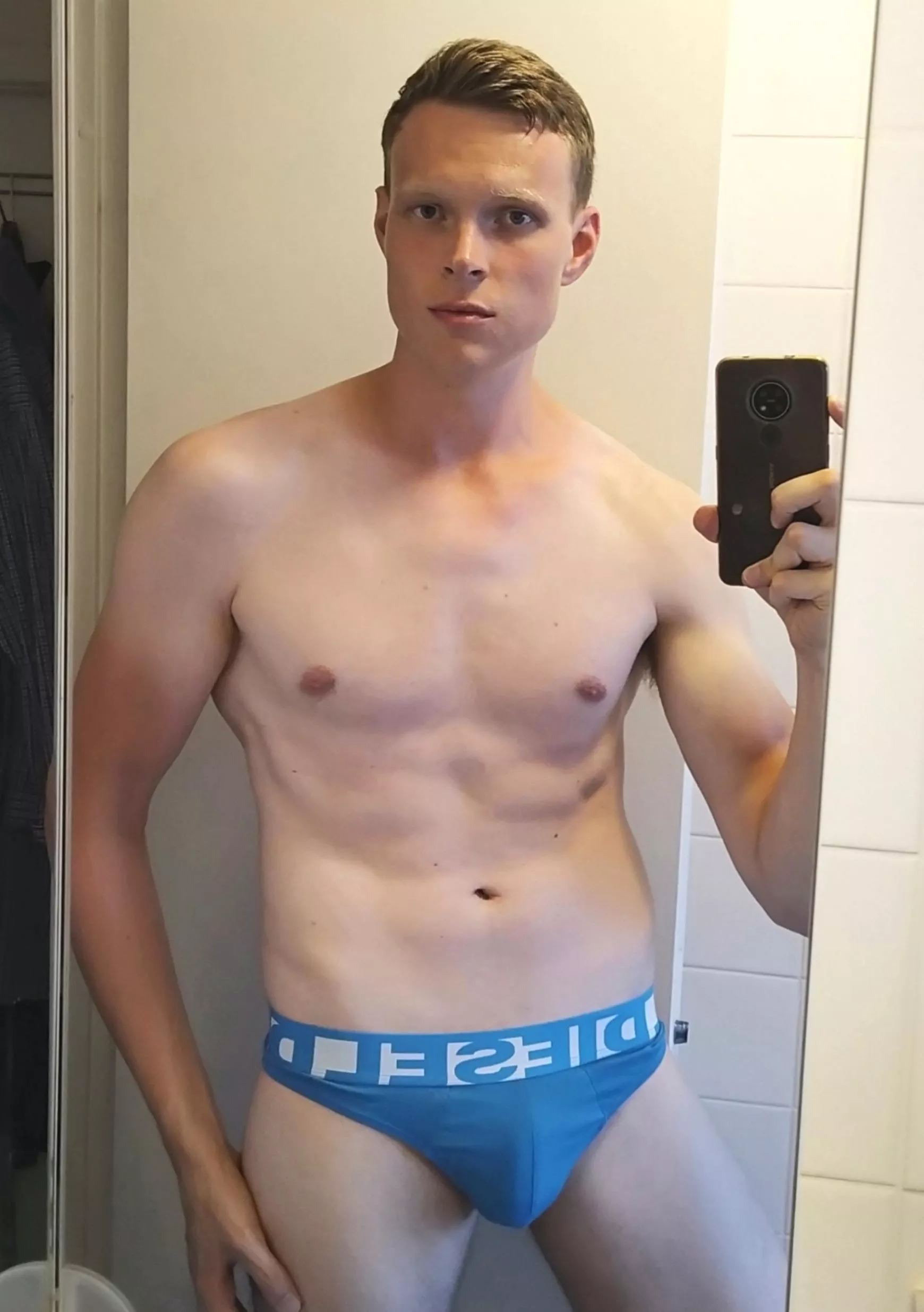 Trying out a blue thong