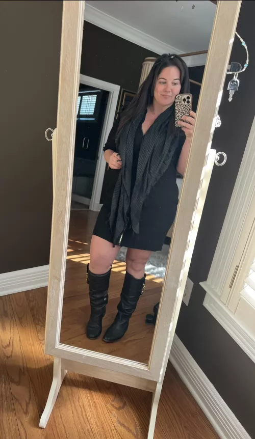 Tight dress & tall boots. Do you love this look on my curvy body?