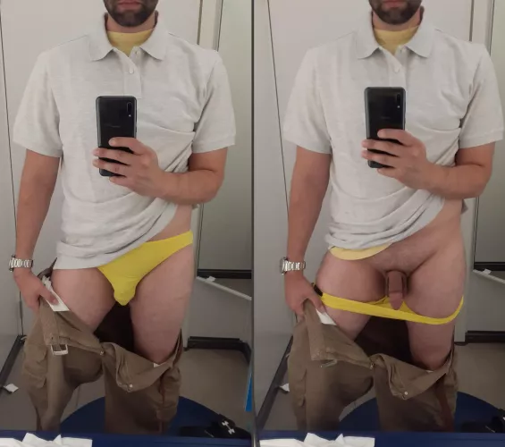 Behind fitting room doors.