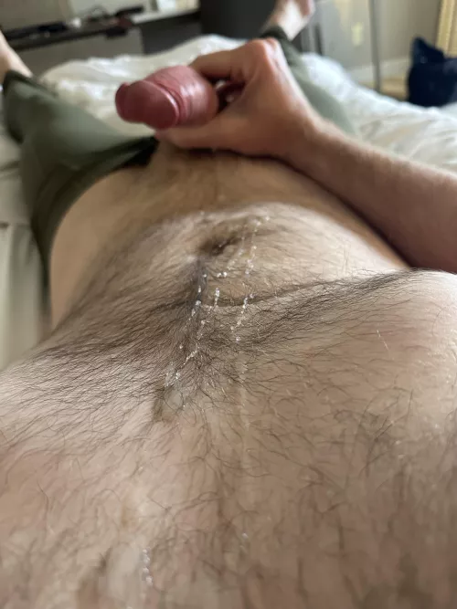 Cum sticking to my hairy chest and belly
