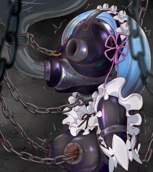 LF Color Source: Rem, bondage, chains, latex, gagged, nose chain, gaping nipples, blue hair, face mask, force feeding