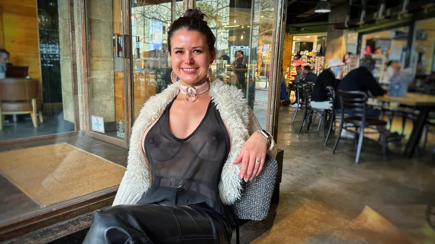 Out getting coffee in a very revealing top… it might be cold, but you can still look hot.