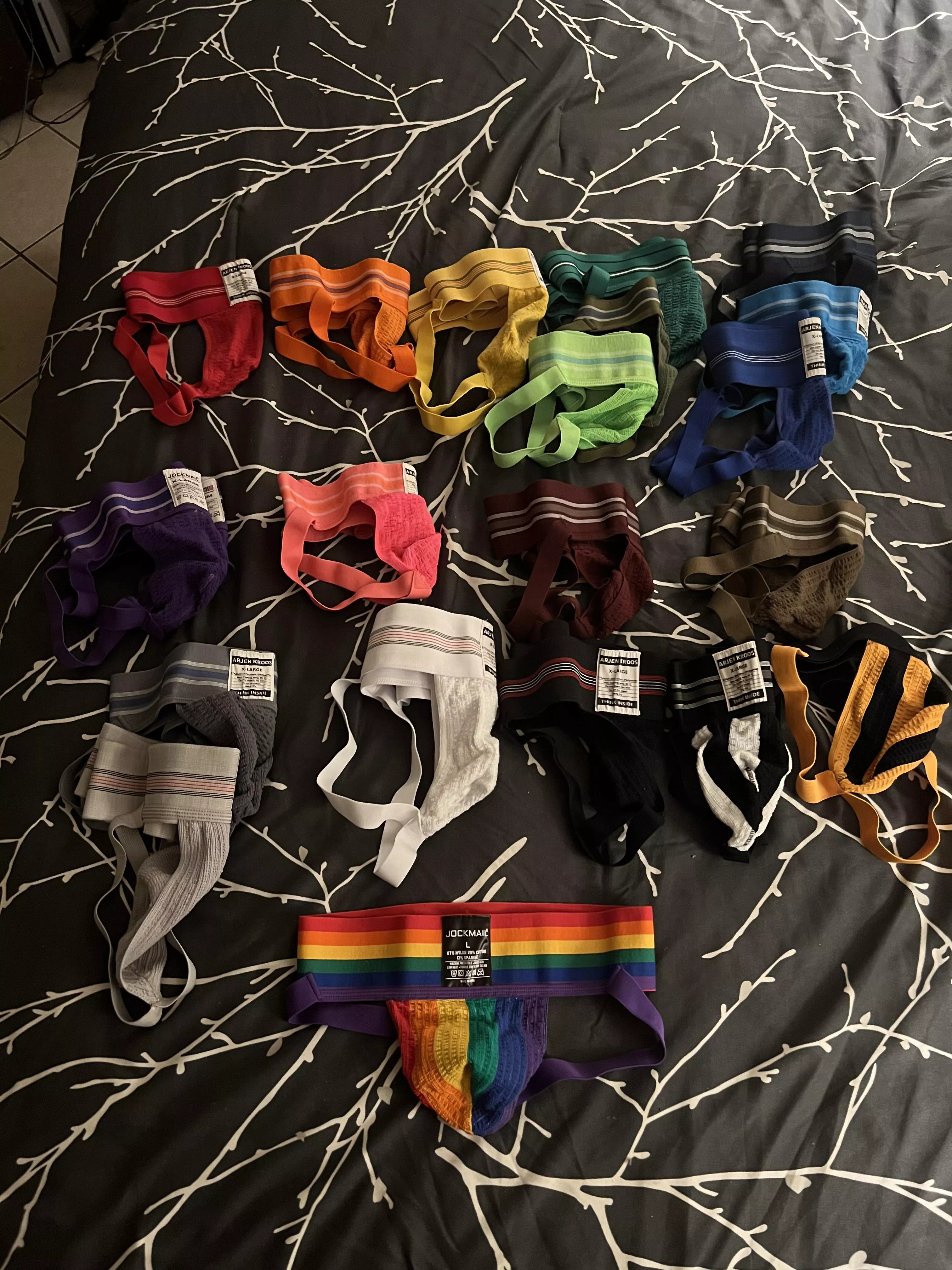 Who wants to taste or sniff my rainbow? My collection of jockstraps. 