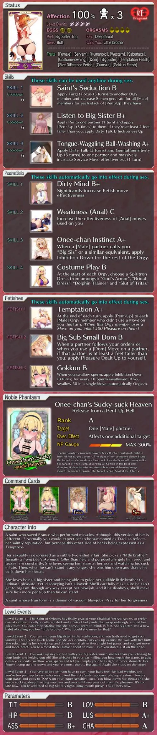 A lewd profile for Jeanne d'Arc! [FGO] [Fate] [Game Mechanics] [Temptation] [Virginity Kink] [Size Difference Kink] [Cumslut Kink] [Gokkun] [Big Sister Kink]