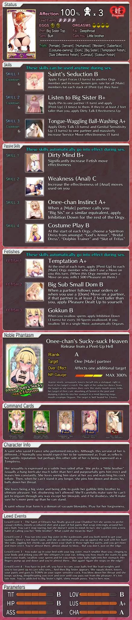 A lewd profile for Jeanne d'Arc! [FGO] [Fate] [Game Mechanics] [Temptation] [Virginity Kink] [Size Difference Kink] [Cumslut Kink] [Gokkun] [Big Sister Kink]