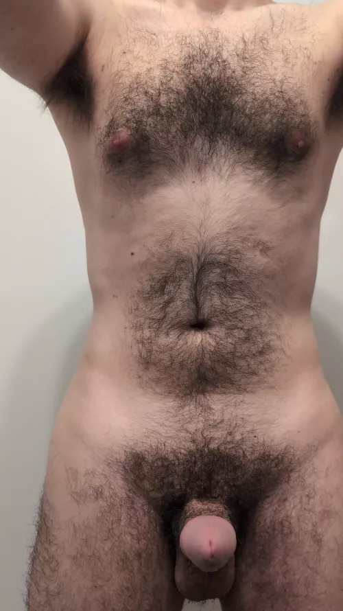 Giving you a good view of my hairy body and my pubes