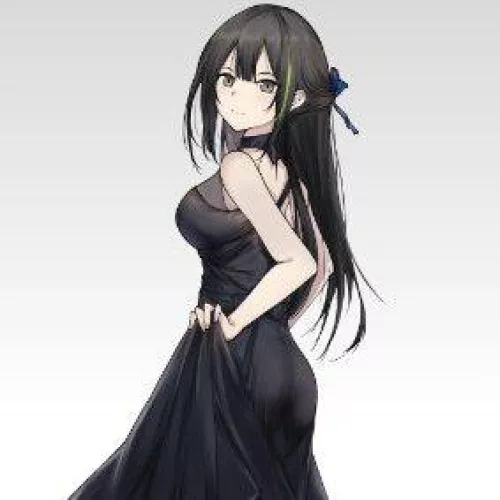 LF Color Source: Black hair. black dress, pulling up dress, choker, grey eyes, smile, long hair, dyed hair, green hair, blue bow, looking at viewer, face, ear piercings