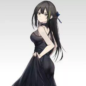 LF Color Source: Black hair. black dress, pulling up dress, choker, grey eyes, smile, long hair, dyed hair, green hair, blue bow, looking at viewer, face, ear piercings