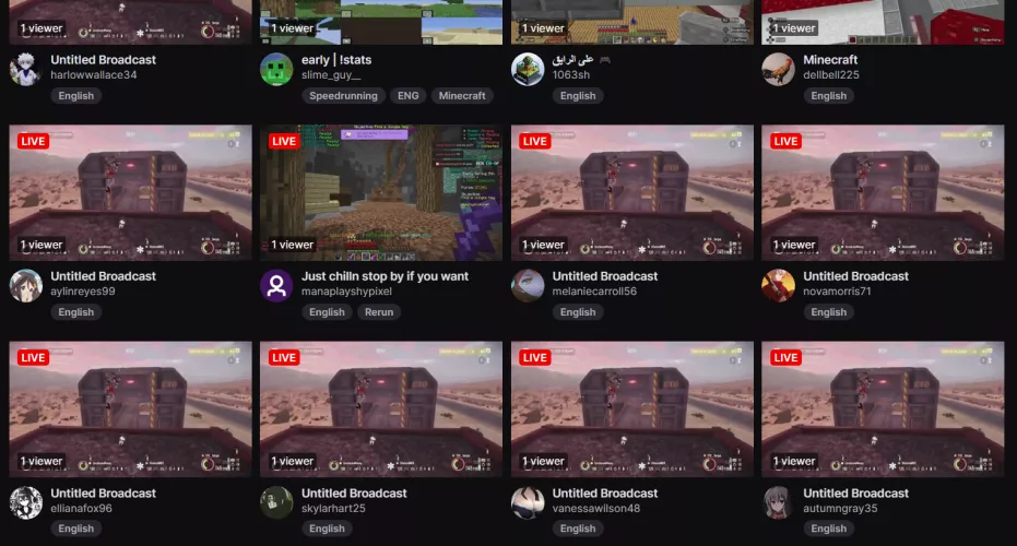 Several different streams with identical thumbnails and titles in the Minecraft category. Refreshing the page did not remove or change them. What's going on here?