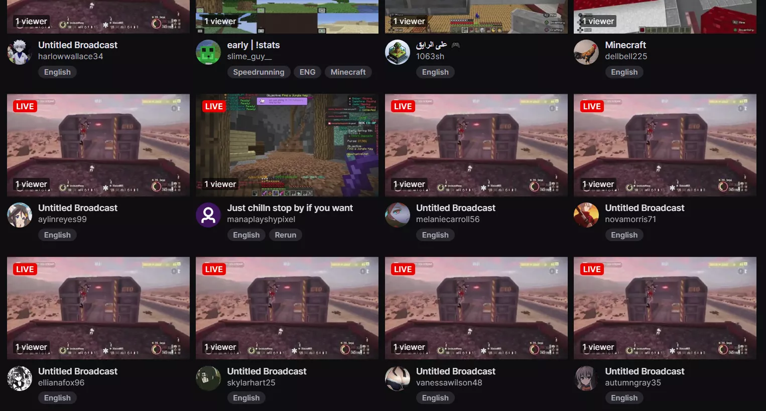 Several different streams with identical thumbnails and titles in the Minecraft category. Refreshing the page did not remove or change them. What's going on here?