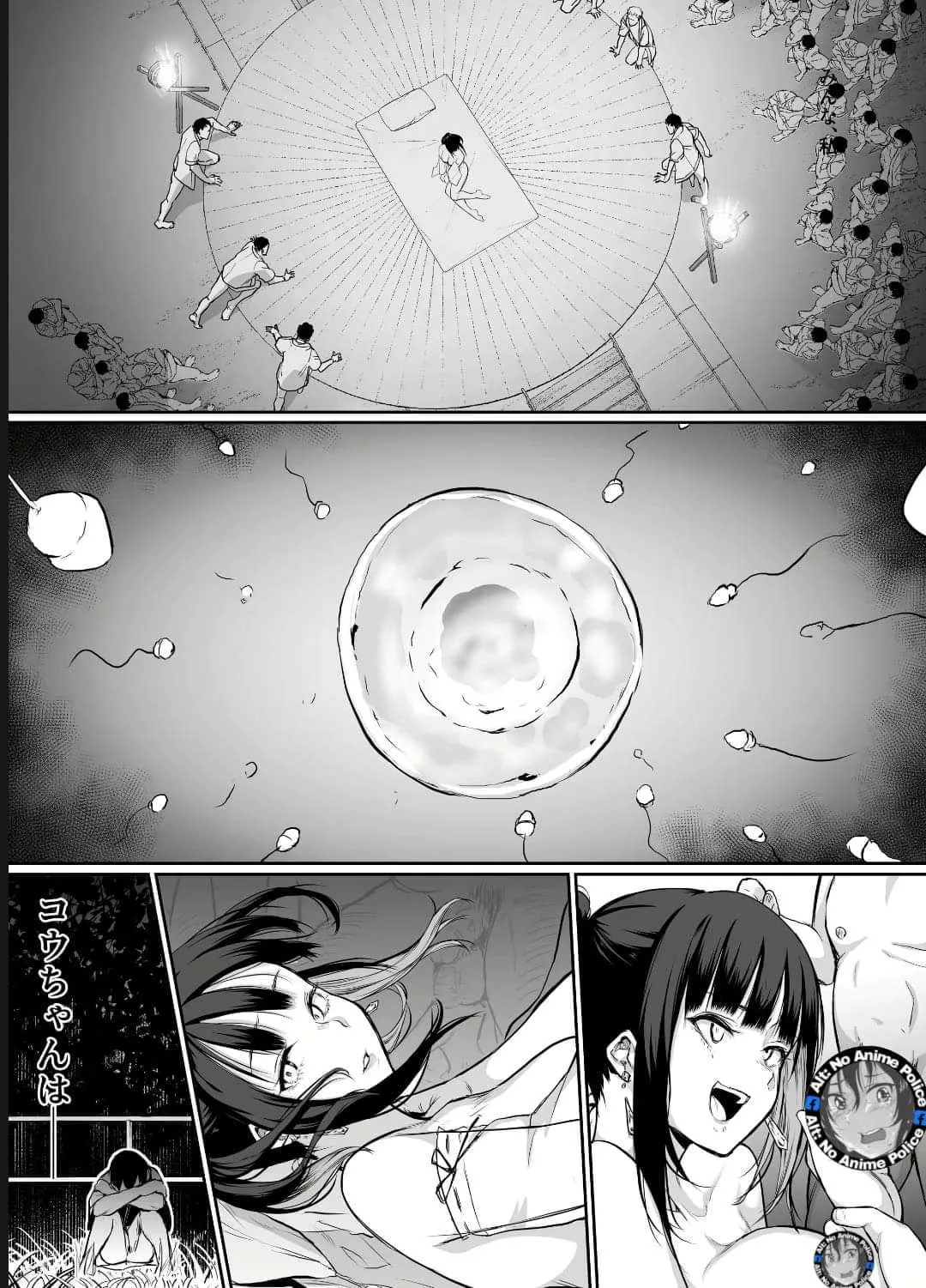 LF Mono Source: 1girl, smile, earrings, sperm, impregnation, fertilization, group, sat, multiple males, open mouth, side fringe, Alt: No Anime Police, Facebook, Japanese Text, grass, bottom naked, laying down, center bed, bonfire, wooden stairs, ceremony