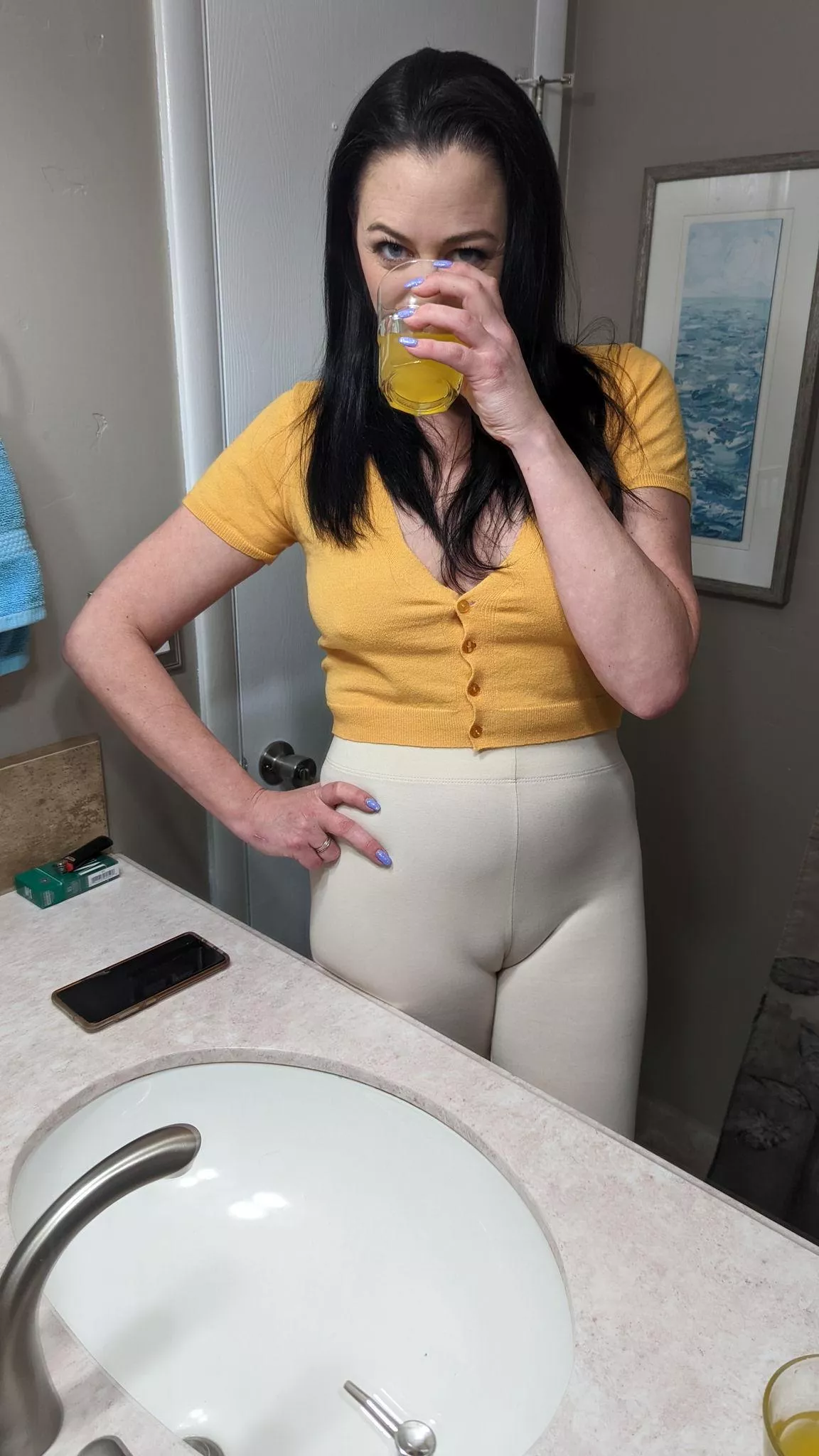 Tight white leggings show it off well.