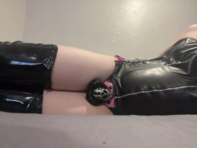 Caged over my latex sheath panties. The squeeze is so intense!