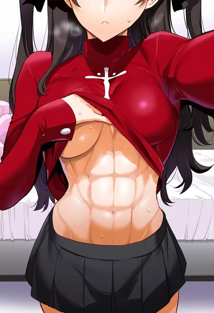 LF Color Source: 1girl, abs, bed, shirt lift, red shirt, black skirt, black hair, long hair, twintails, Rin Tohsaka, Fate/stay Night