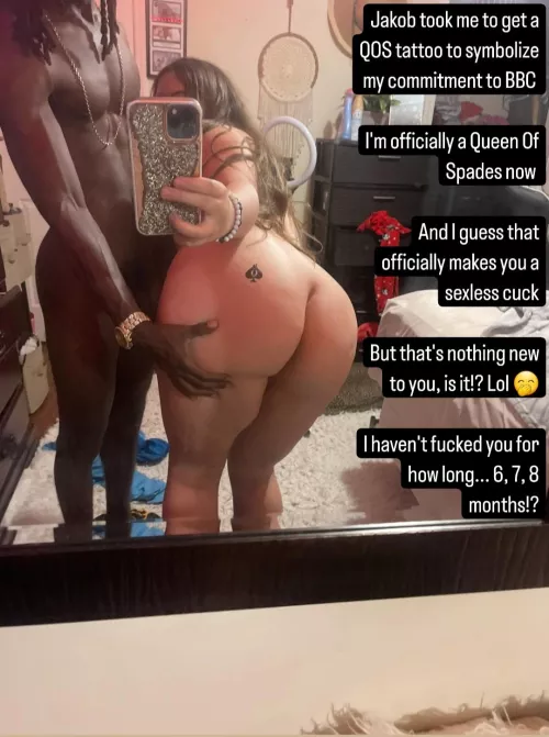 Your gf is now officially as QOS and you're now officially a sexless cuck.. but that's nothing new for you