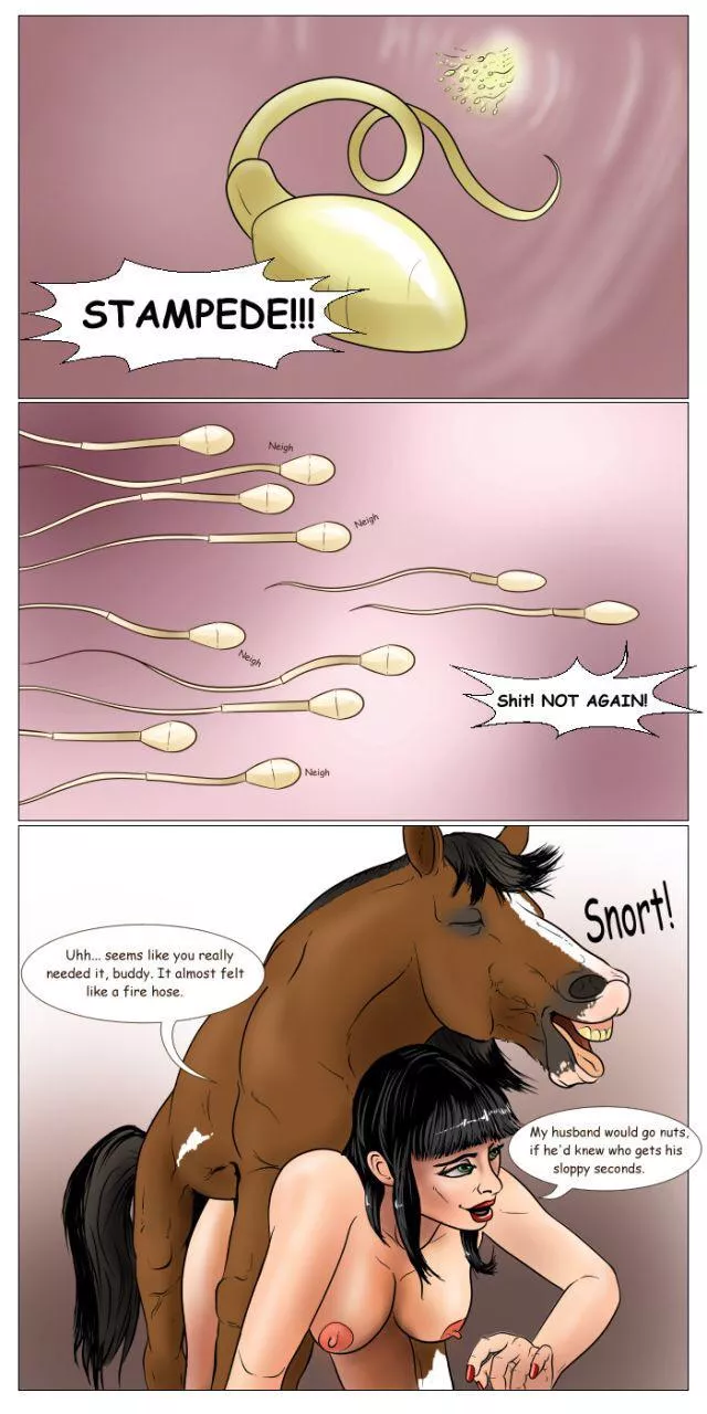 Even with a head start, her husband’s sperm doesn’t stand a chance against her horse’s in this human race to her egg! (vermilion888)