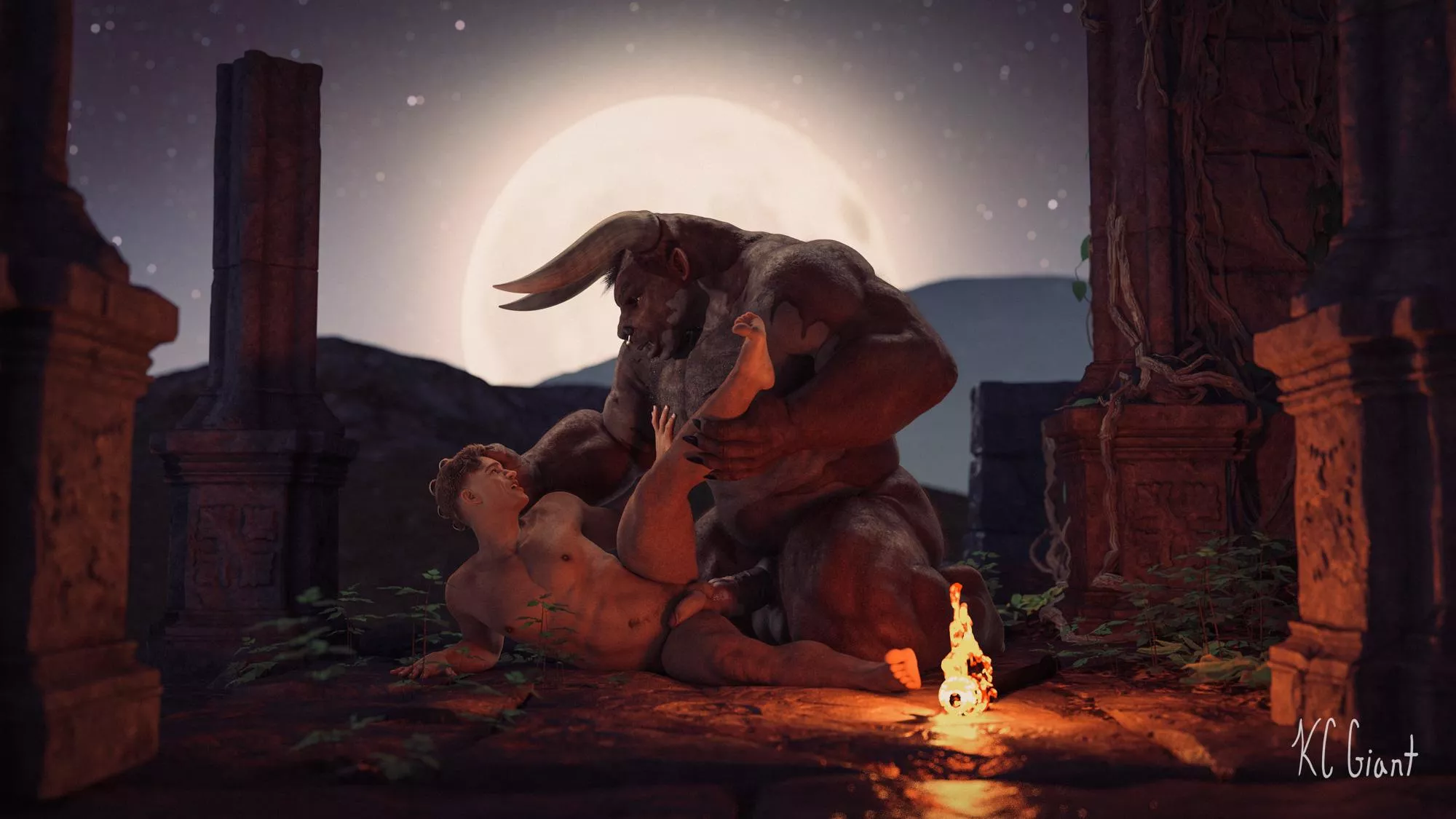 Minotaur takes Theseus in The Ruins - 8 part scene by KC Giant