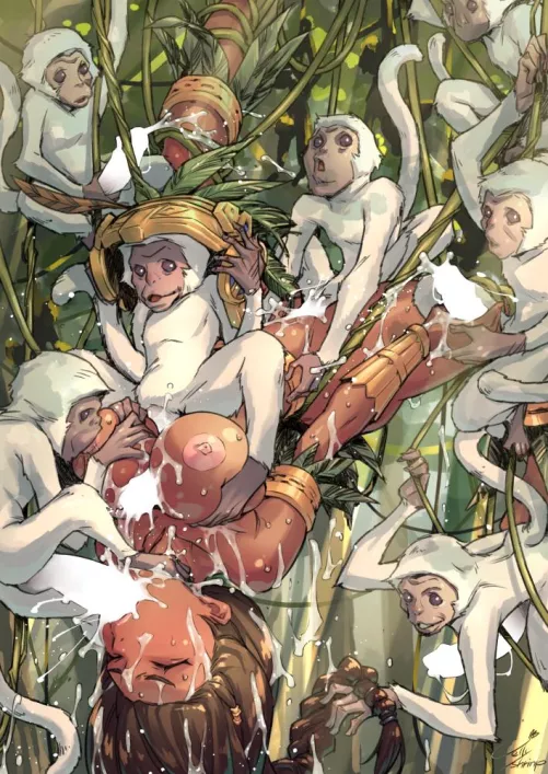 The monkeys are small but deceptively crafty. They're also very mischievous and lusty. And there are tens of thousands of them. Suspended in a crude but effective vine trap, Princess Mia is learning this the hardest way. [Civilization Online] (artist: J