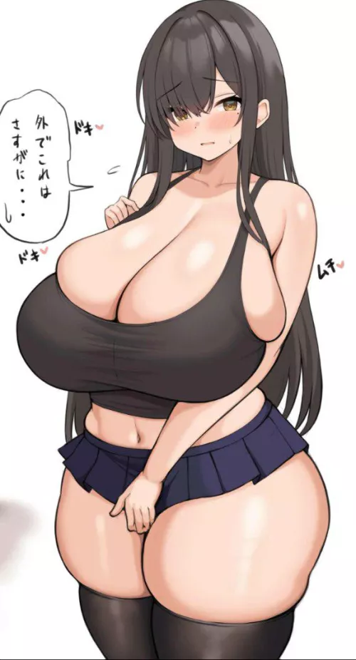 Color 1girl black_crop_top black_hair blue_skirt covering_crotch covering_privates foreign_text gigantic_breasts hair_over_one_eye huge_breasts long_hair looking_at_viewer microskirt midriff mole_under_eye parted_lips purple_skirt sfx skindentation tank_
