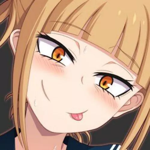 LF Color Source: 1girl, :p, blonde hair, blunt bangs, boku no hero academia/my hero academia, close-up, closed mouth, face, gradient eyes, head tilt, looking at viewer, orange eyes, portrait, serafuku, sidelocks, smile, toga himiko, tongue out, yellow ey