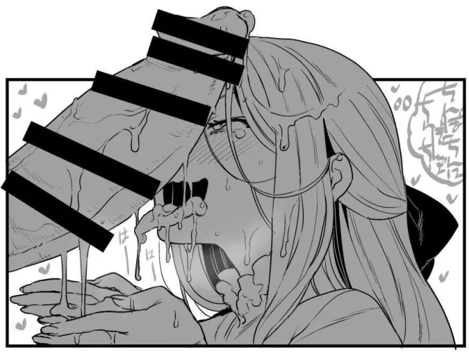 Mono 1boy 1girl after_ejaculation after_fellatio black_bar_censor black_ribbon cum cum_in_hair/cum_on_hair cum_in_mouth foreign_text frilled_collar frills half_updo large_penis long_hair open_mouth own_hands_clasped own_hangs_together penis_over_one_eye 