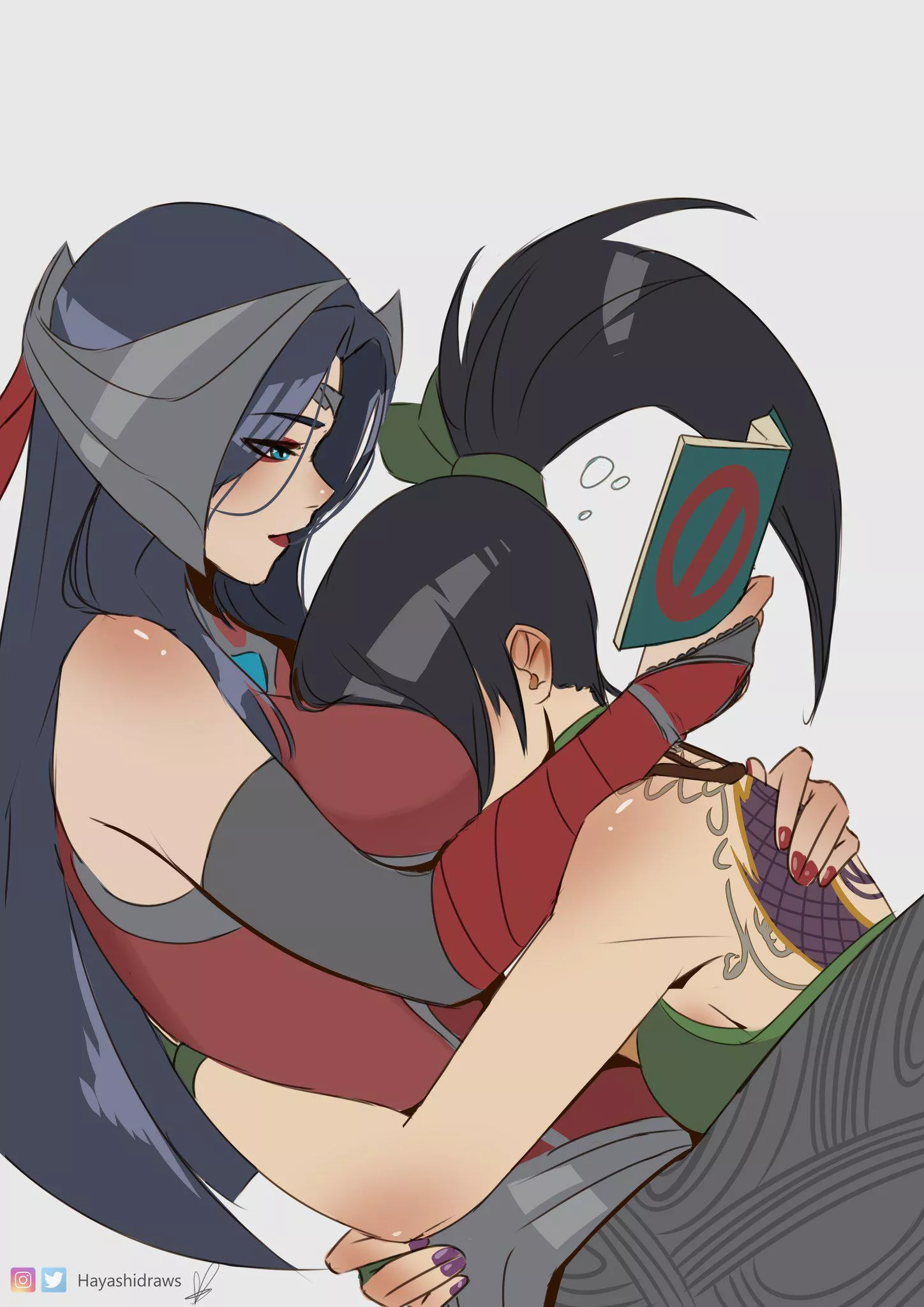 Akali on Irelia's breasts (HayashiDraws)