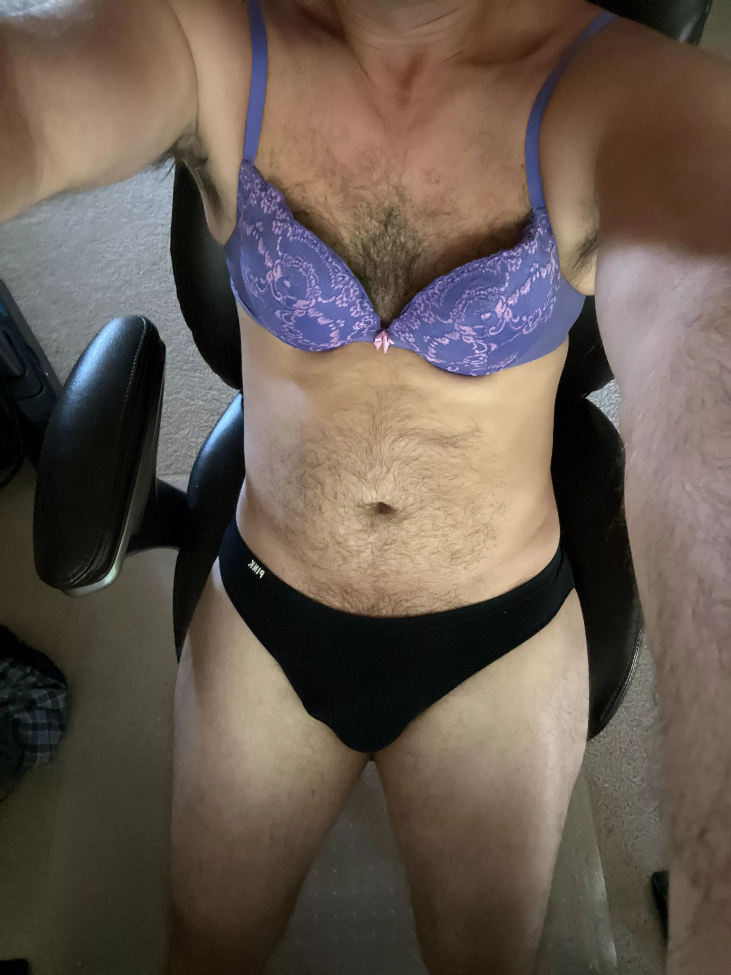 Love wearing my wife's bra and panties while she's out