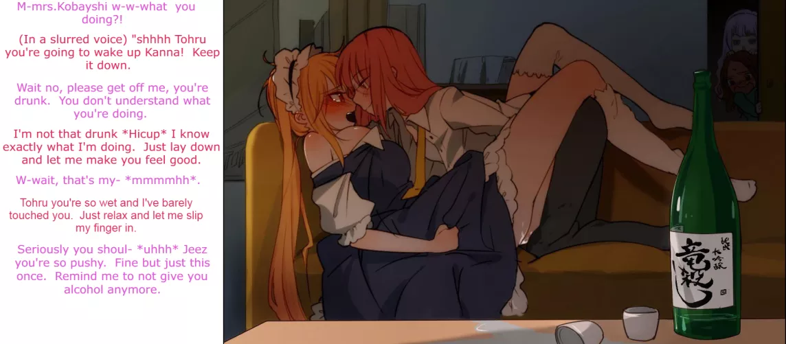 Mrs.Kobayashi has had too much to drink and she let's feelings be seen. [Mrs.Kobayshis dragon maid] [rule34] [clothed] [artist: Unkown] (This is my first caption so I'll take and critiques just leave a comment.)