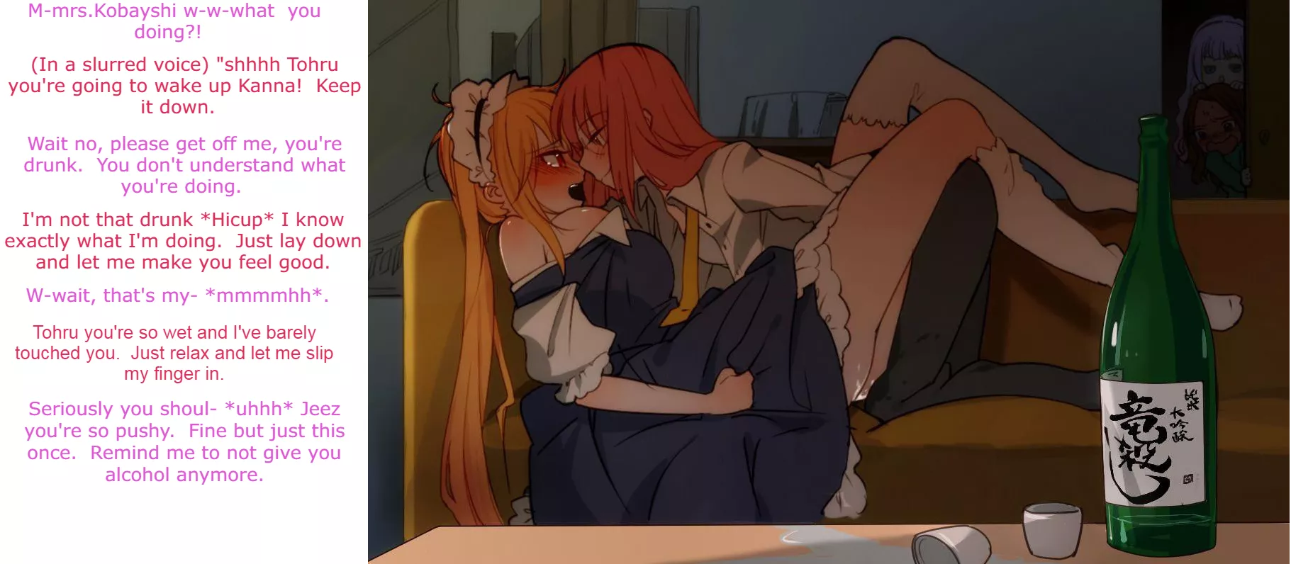 Mrs.Kobayashi has had too much to drink and she let's feelings be seen. [Mrs.Kobayshis dragon maid] [rule34] [clothed] [artist: Unkown] (This is my first caption so I'll take and critiques just leave a comment.)