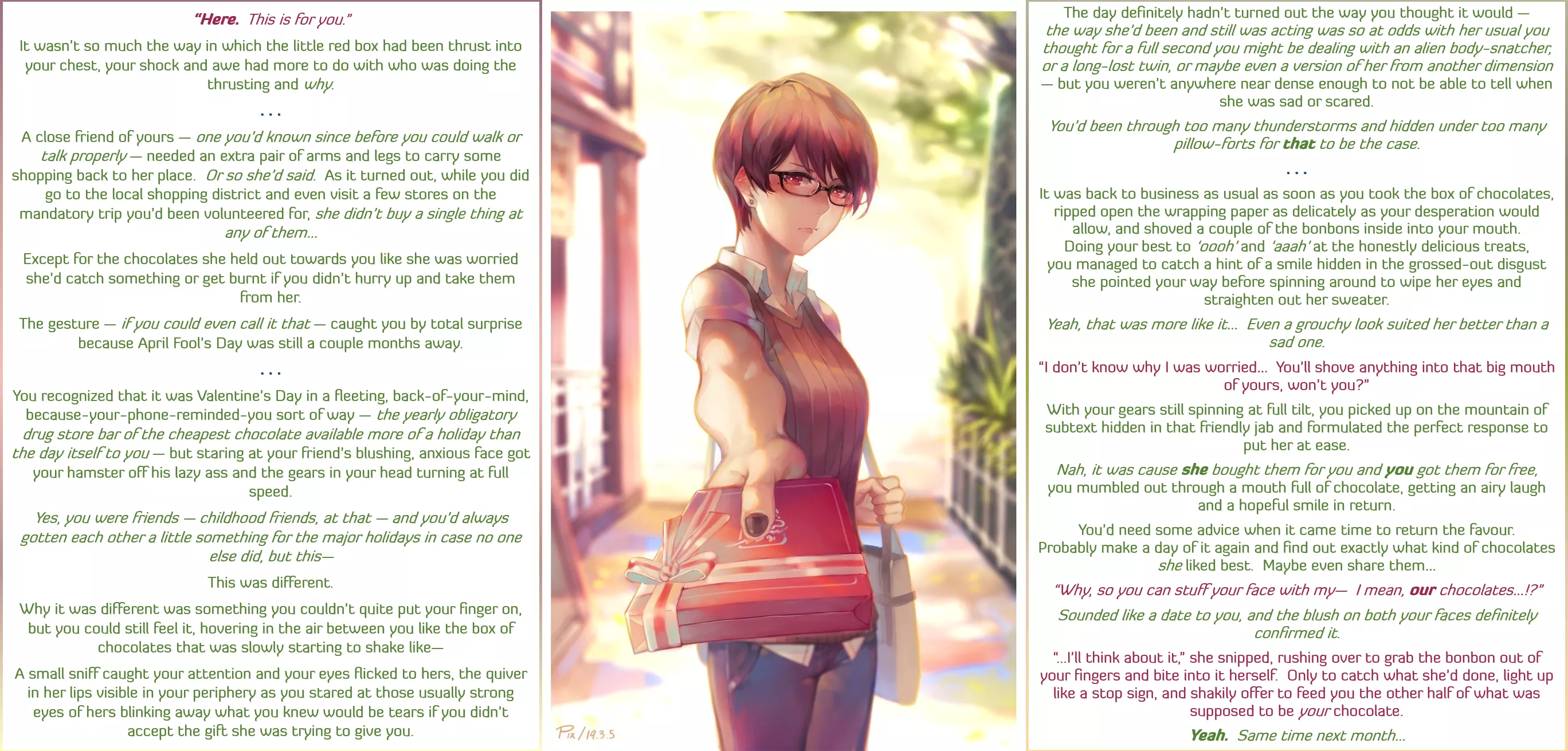 [MxF] Well it's the 14th, isn't it? [Confession][Childhood Friends][Wholesome][Valentine's Day][White Day...?][Not quite Tsun...][A budding romance][Friends to something more...][MtG Caption][Artist: rhine (overtonerhine)]