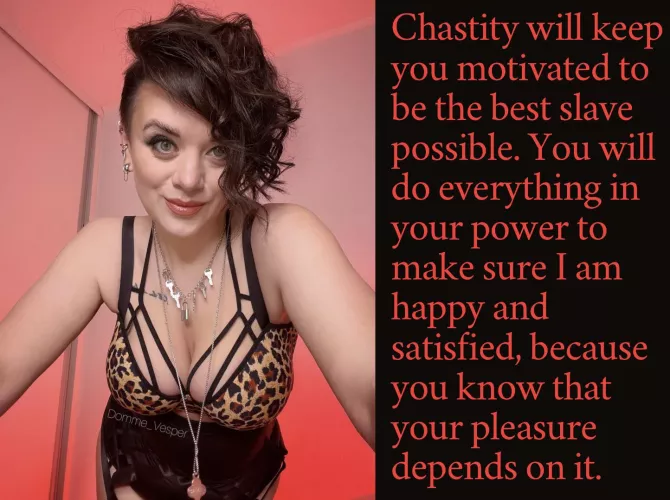 Chastity will keep you motivated to be the best slave possible. You will do everything in your power to make sure I am happy and satisfied, because you know that your pleasure depends on it.