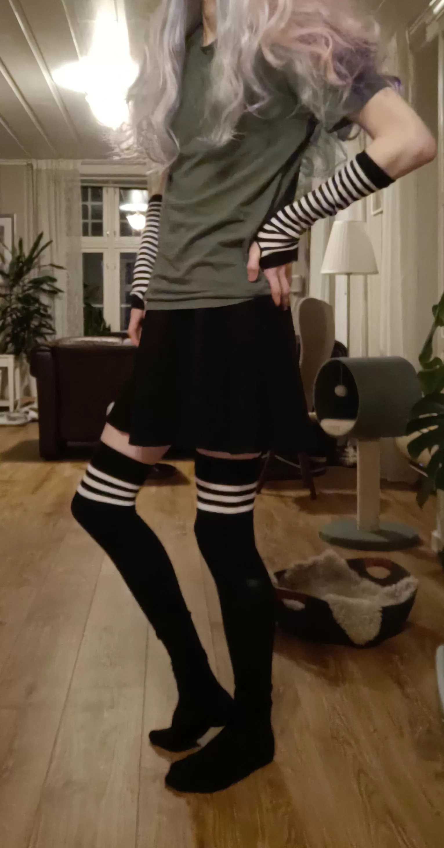 Wearing a skirt and thigh highs when alone :3
