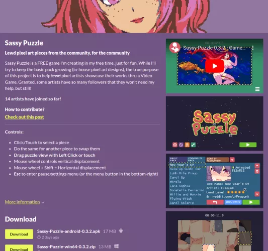 Game/Library of Lewd Pixel Art (100% free). So far 14 artists joined, more than 60 lewd pieces in the form of a puzzle. Link in comments.