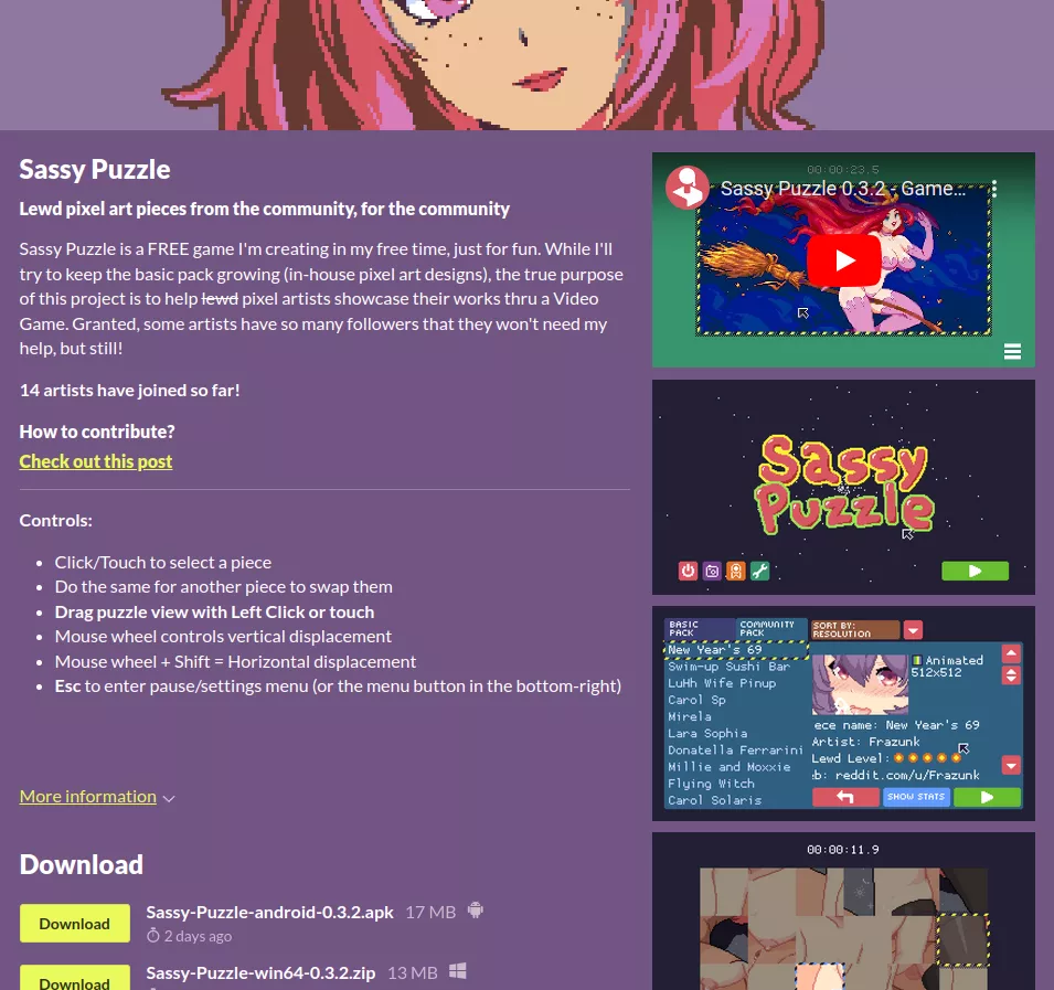 Game/Library of Lewd Pixel Art (100% free). So far 14 artists joined, more than 60 lewd pieces in the form of a puzzle. Link in comments.