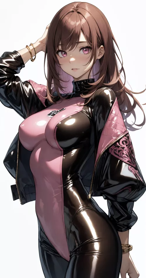 Black/Pink Bodysuit & Leather Jacket 