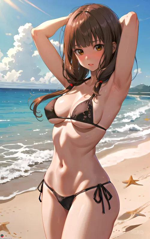 Miko Iino enjoying the summer at the beach.