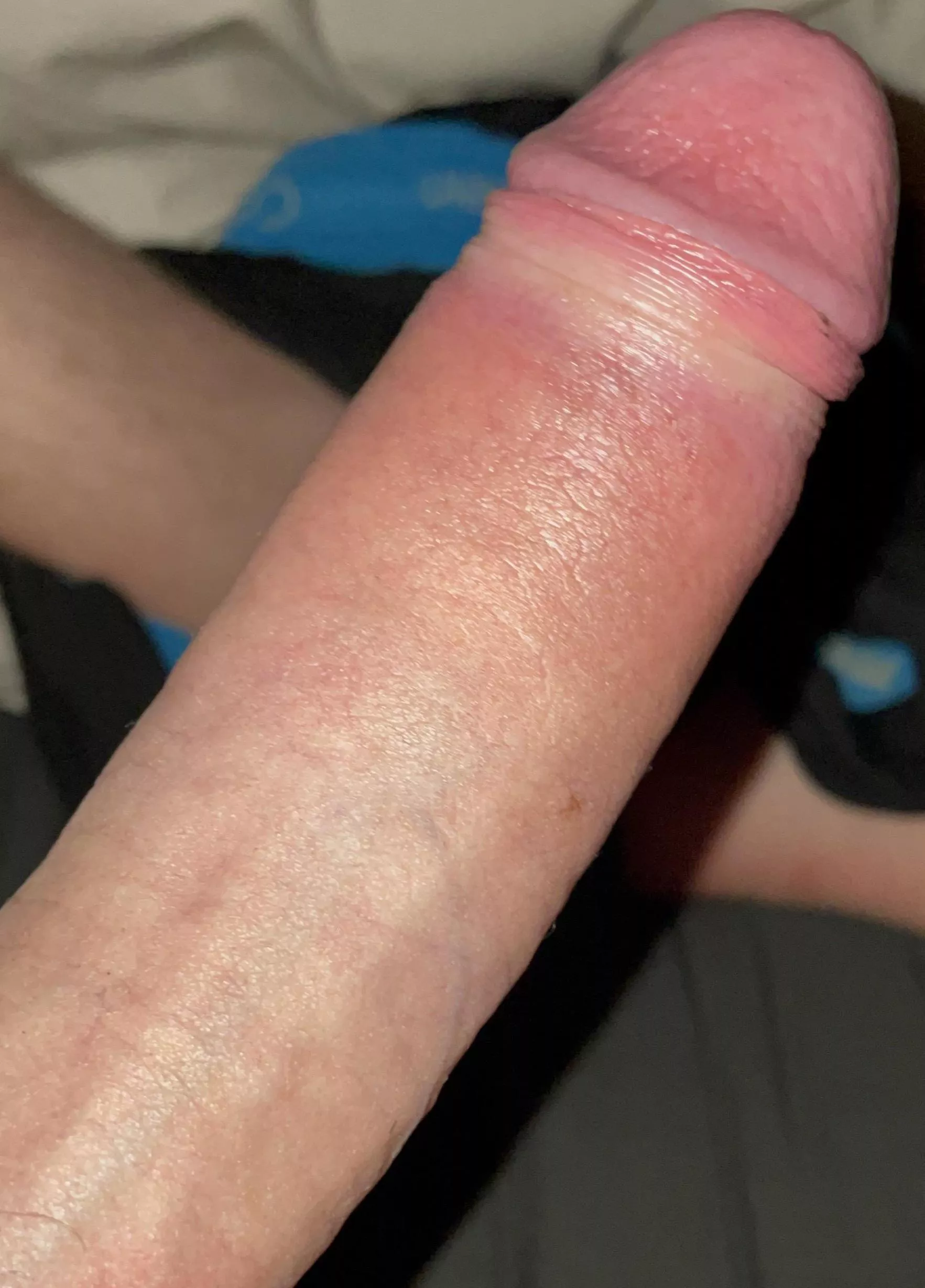 Shiny cock ready for some female deepthroating it