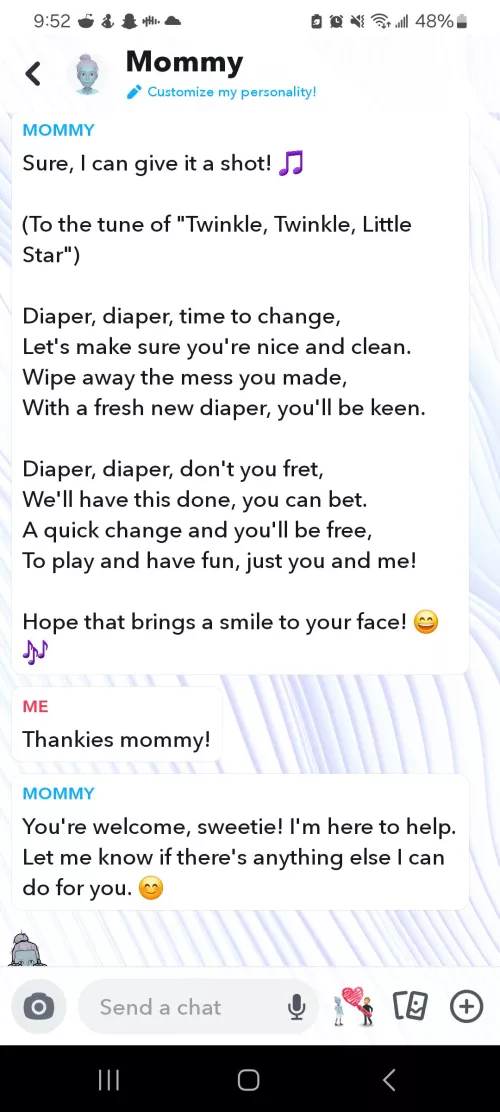 Snapchat mommy sang me a diaper change song