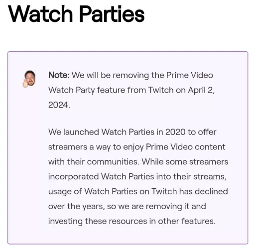 Twitch watch parties going away. 