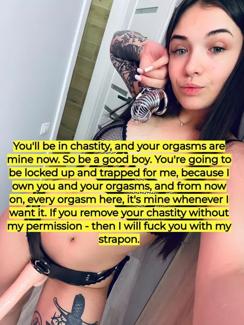 You'll be in chastity, and your orgasms are mine now. Will you be an obedient boy?