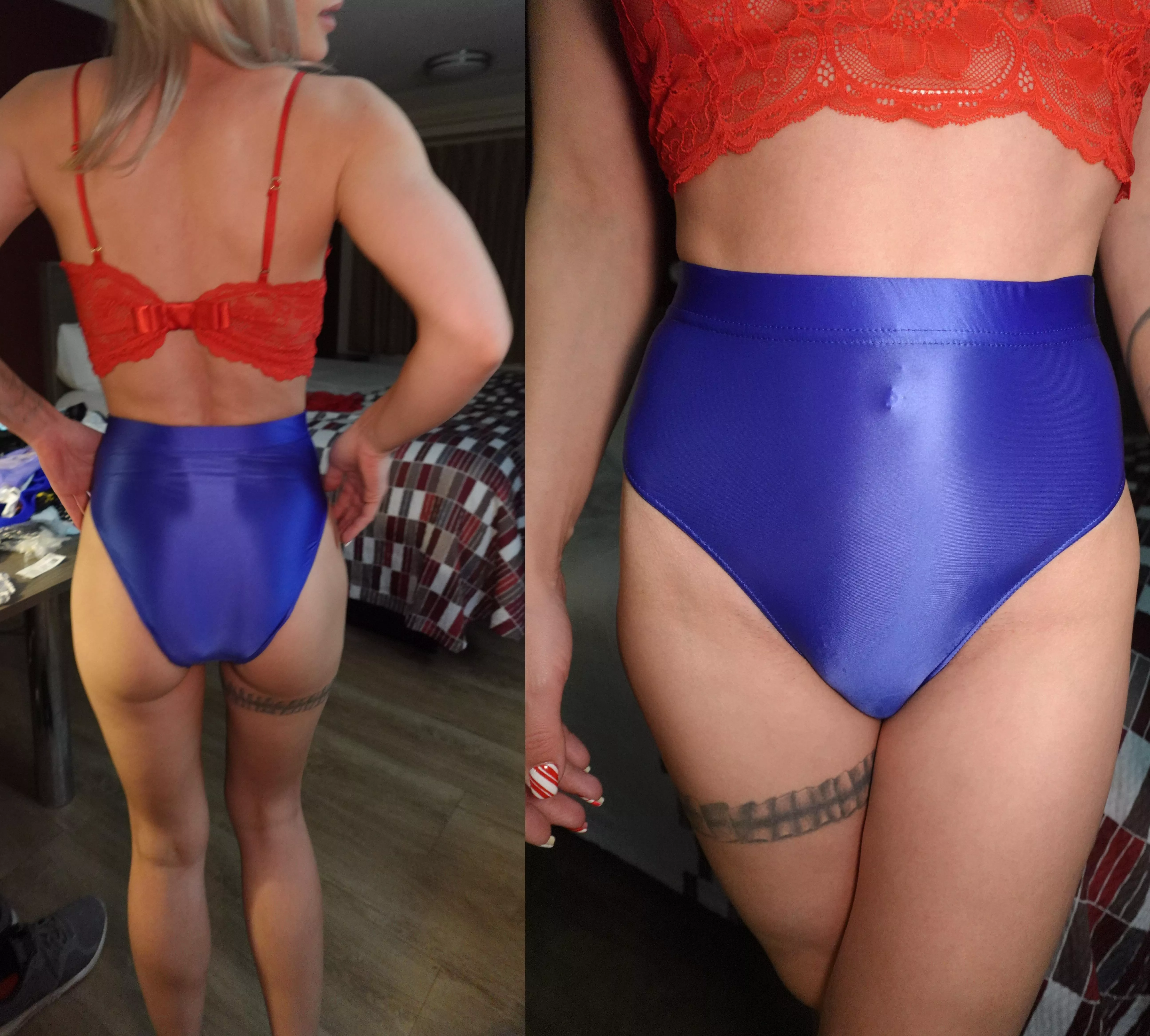 front and back blue views