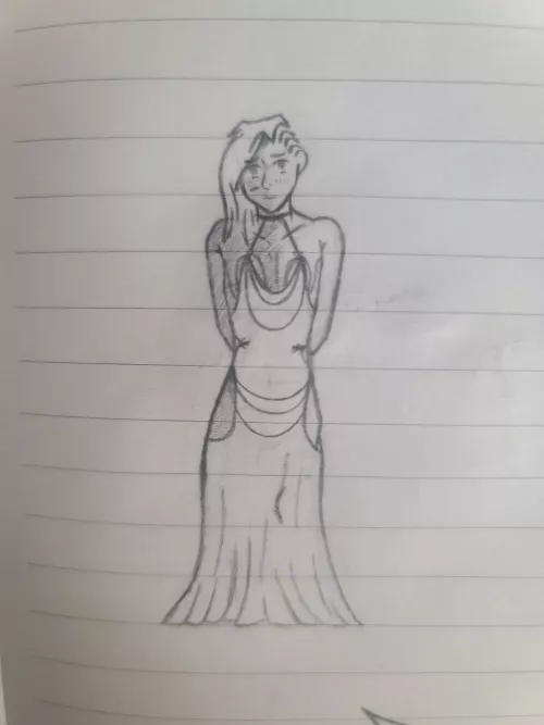 Trying on a dress he found. (Bluertiger)