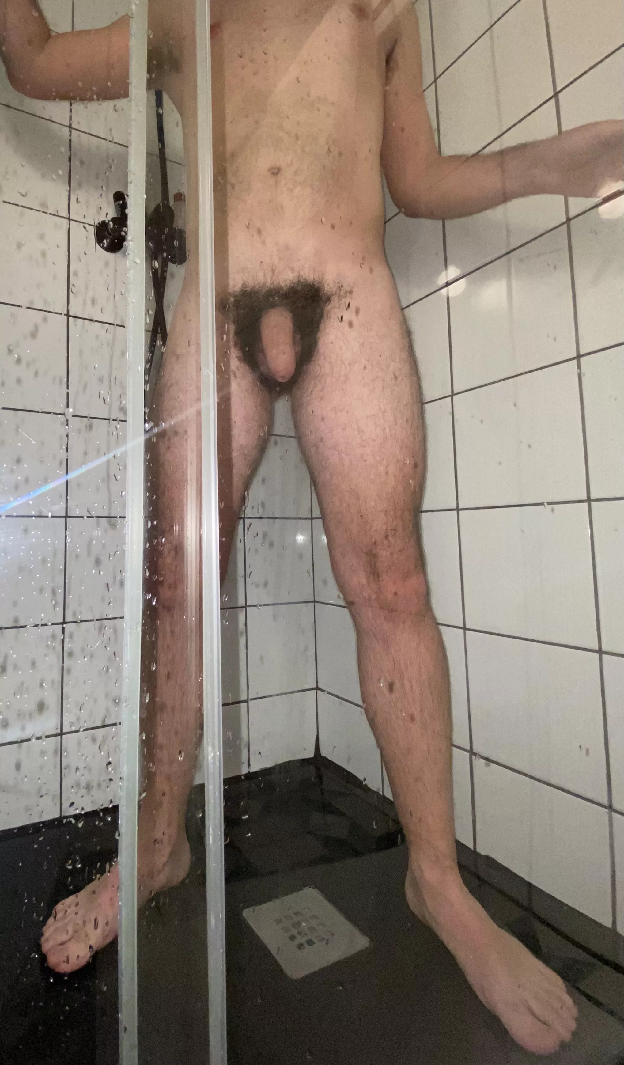 Surprised in the shower by a friend... didn’t have time for covering my privates. I was really worried because he took a pic of the moment 😩