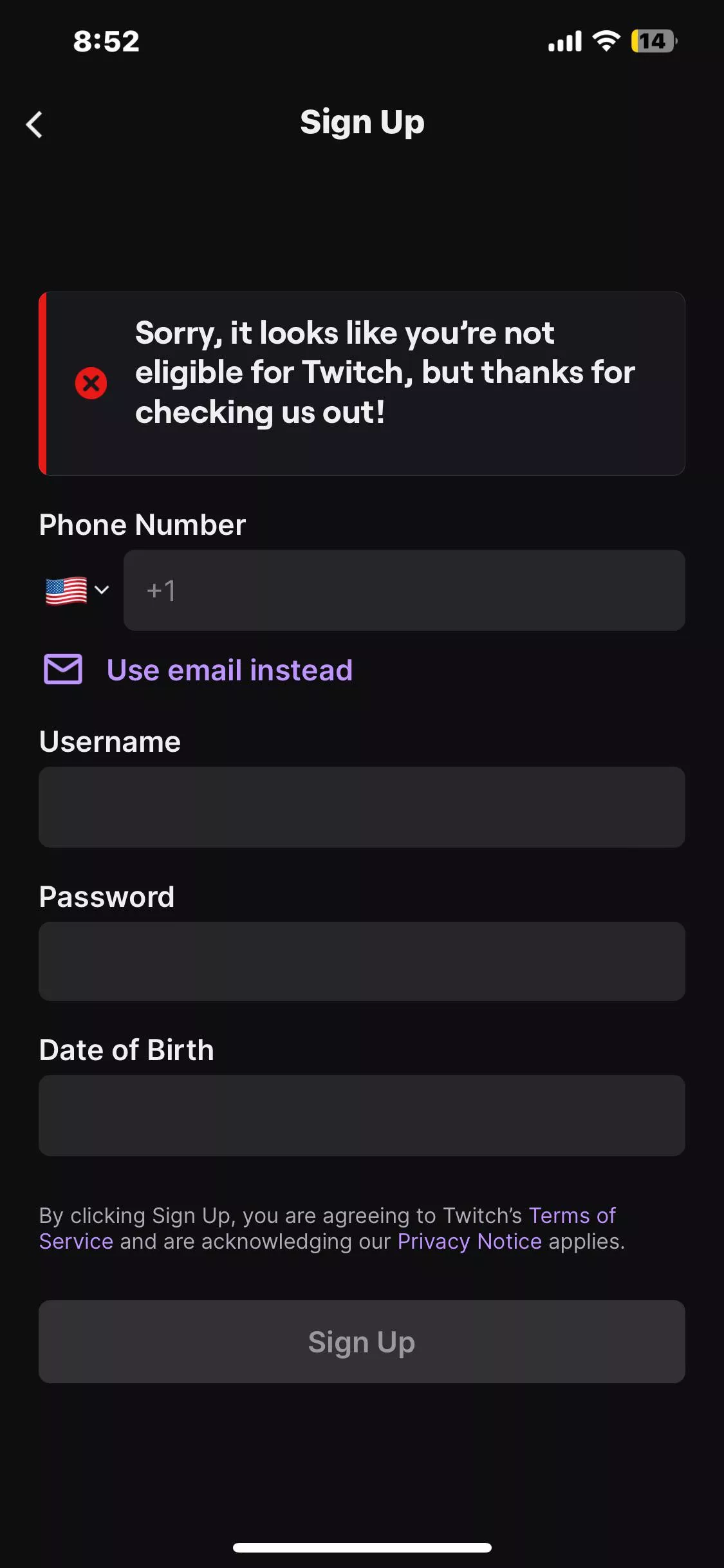 Unable to create account