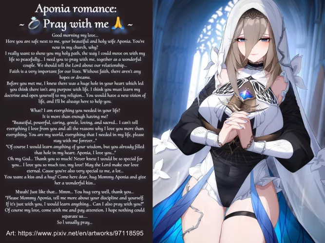 Aponia romance #3 [Honkai] [Nun] [Married] [Loving wife] [No sex] [Just pure real love] [Implied praying] [Cuddles]